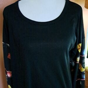 Elegant Black Long Sleeve Top with Hoilday Print On Sleeves.